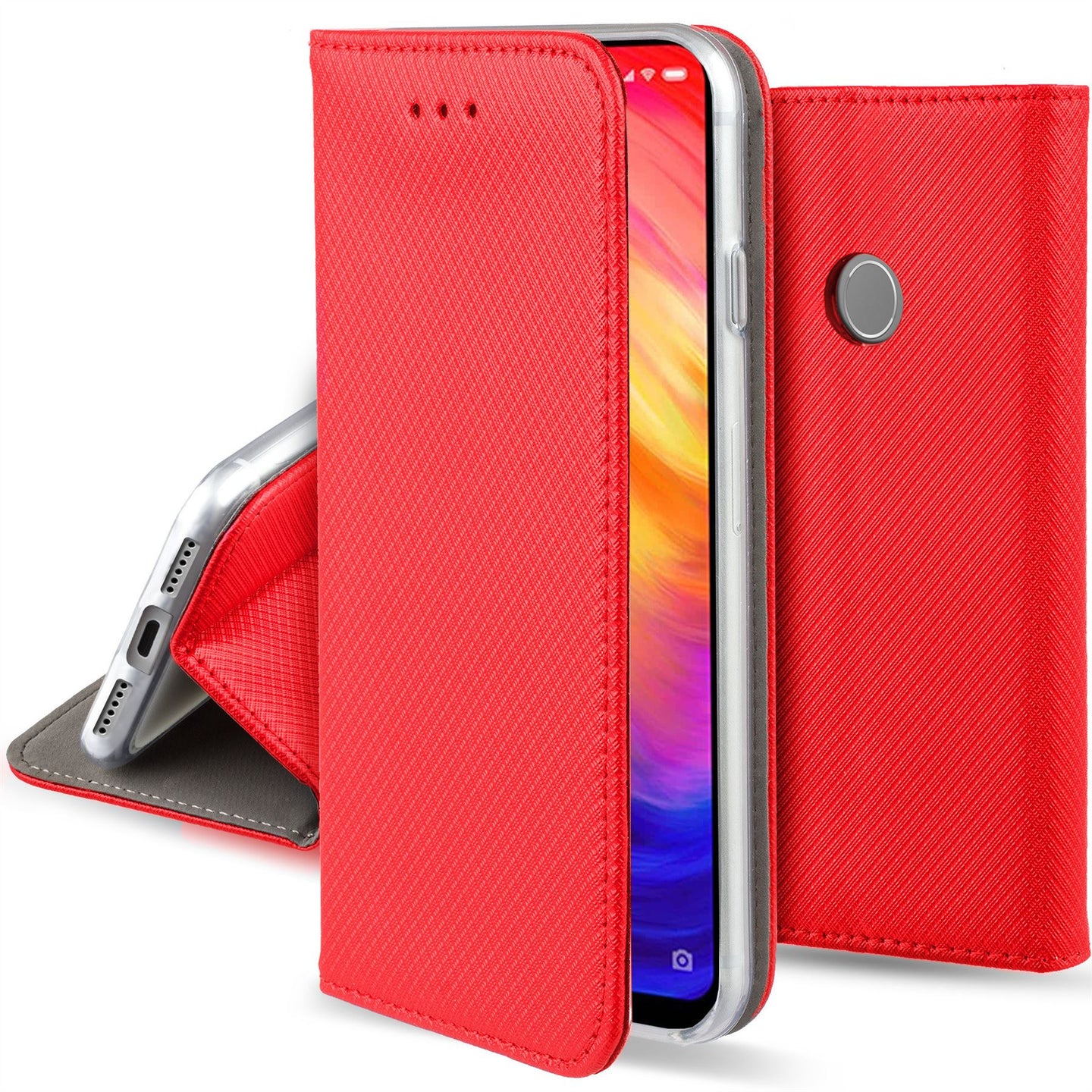 Moozy Case Flip Cover for Xiaomi Redmi Note 7, Redmi Note 7 Pro, Red - Smart Magnetic Flip Case with Card Holder and Stand