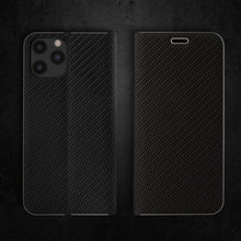 Afbeelding in Gallery-weergave laden, Moozy Wallet Case for iPhone 12 Pro Max, Black Carbon – Metallic Edge Protection Magnetic Closure Flip Cover with Card Holder

