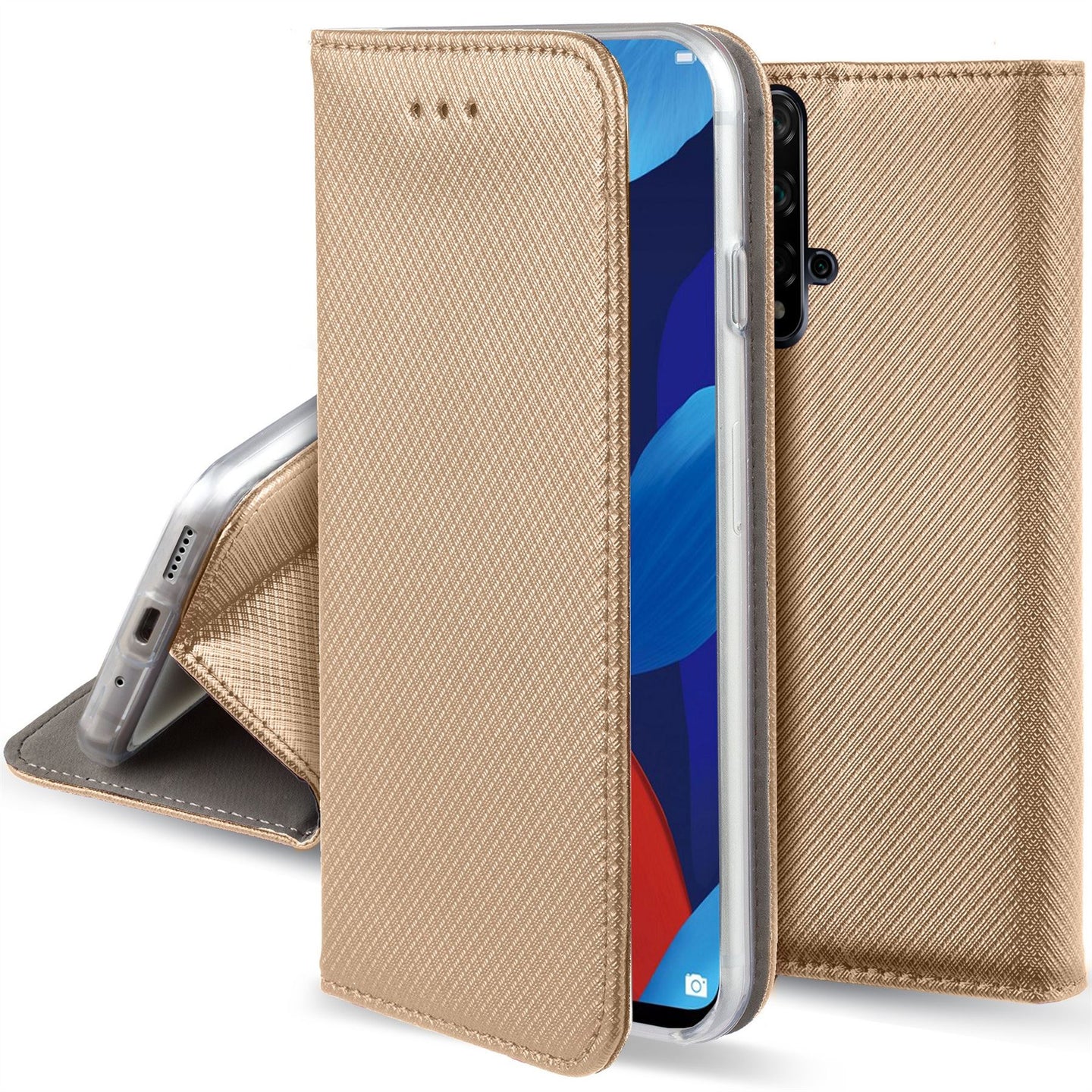 Moozy Case Flip Cover for Huawei Nova 5T and Honor 20, Gold - Smart Magnetic Flip Case with Card Holder and Stand