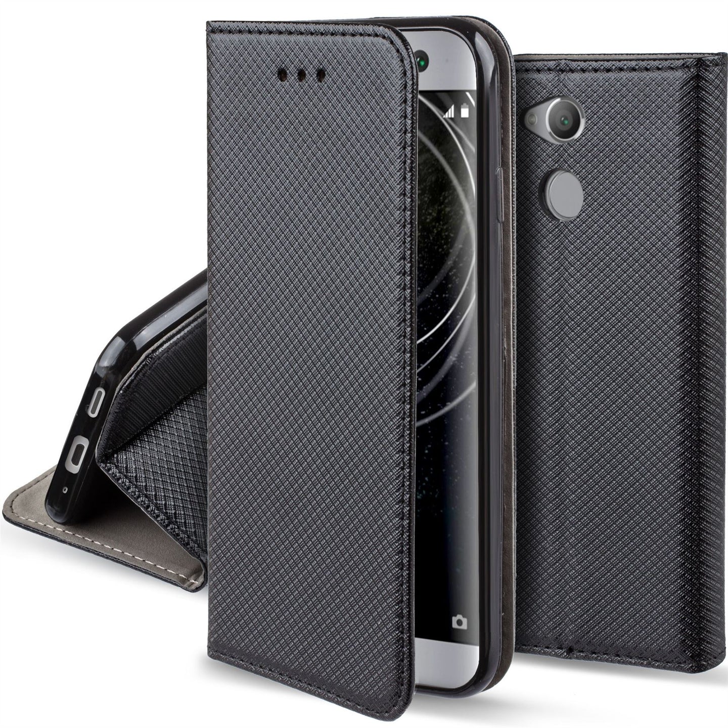 Moozy Case Flip Cover for Sony Xperia XA2, Black - Smart Magnetic Flip Case with Card Holder and Stand