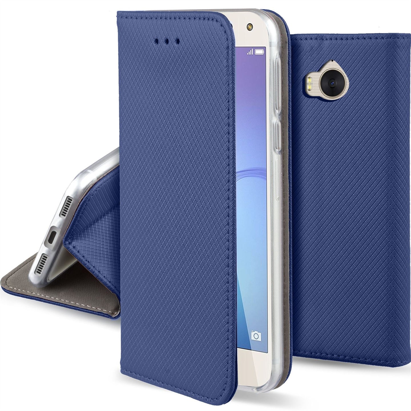 Moozy Case Flip Cover for Huawei Y6 2017, Dark Blue - Smart Magnetic Flip Case with Card Holder and Stand