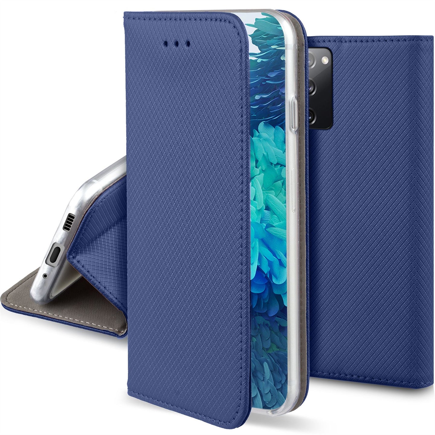 Moozy Case Flip Cover for Samsung S20 FE, Dark Blue - Smart Magnetic Flip Case with Card Holder and Stand