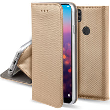 Załaduj obraz do przeglądarki galerii, Moozy Case Flip Cover for Huawei P20 Lite, Gold - Smart Magnetic Flip Case with Card Holder and Stand
