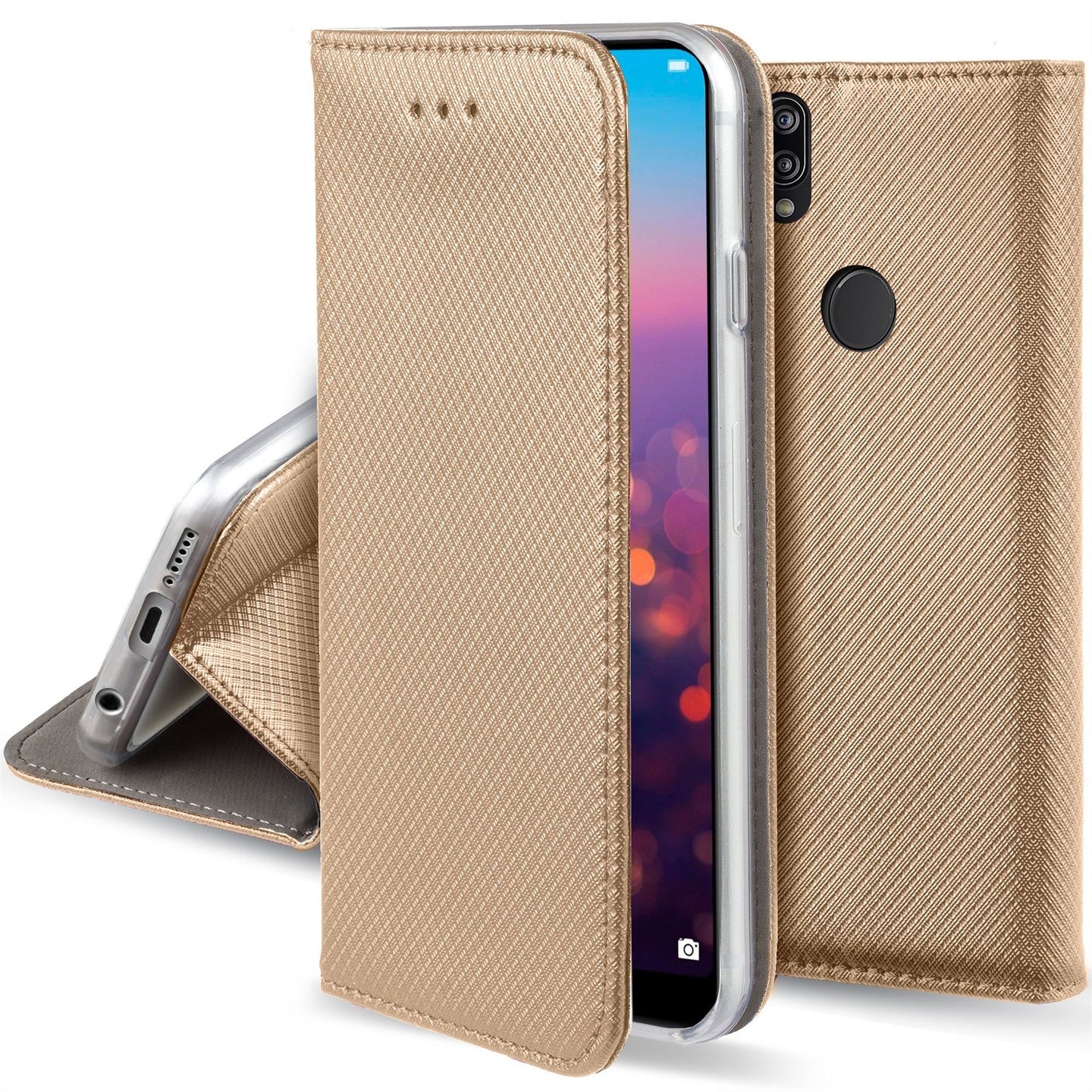Moozy Case Flip Cover for Huawei P20 Lite, Gold - Smart Magnetic Flip Case with Card Holder and Stand