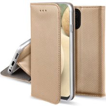 Lade das Bild in den Galerie-Viewer, Moozy Case Flip Cover for Samsung A12, Gold - Smart Magnetic Flip Case with Card Holder and Stand

