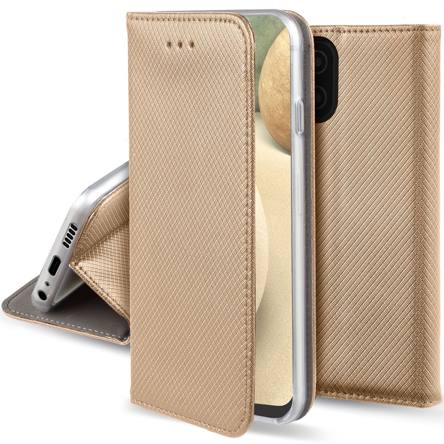 Moozy Case Flip Cover for Samsung A12, Gold - Smart Magnetic Flip Case with Card Holder and Stand