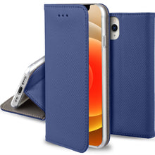 Cargar imagen en el visor de la galería, Moozy Case Flip Cover for iPhone 12 Pro Max, Dark Blue - Smart Magnetic Flip Case with Card Holder and Stand
