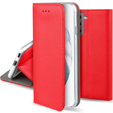 Carica l&#39;immagine nel visualizzatore di Gallery, Moozy Case Flip Cover for Samsung S21 5G, Samsung S21, Red - Smart Magnetic Flip Case with Card Holder and Stand
