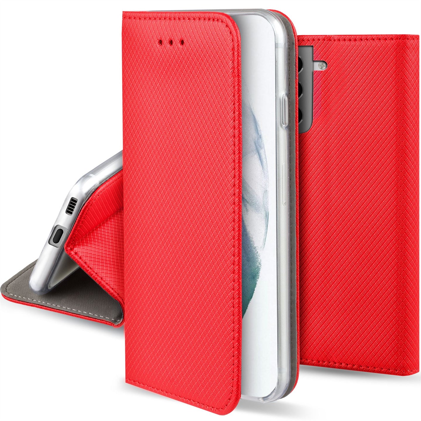 Moozy Case Flip Cover for Samsung S21 5G, Samsung S21, Red - Smart Magnetic Flip Case with Card Holder and Stand