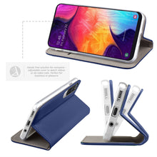Charger l&#39;image dans la galerie, Moozy Case Flip Cover for Samsung A50, Dark Blue - Smart Magnetic Flip Case with Card Holder and Stand
