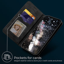Lade das Bild in den Galerie-Viewer, Moozy Marble Black Flip Case for iPhone 12, iPhone 12 Pro - Flip Cover Magnetic Flip Folio Retro Wallet Case
