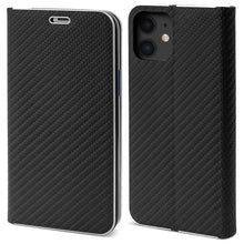Afbeelding in Gallery-weergave laden, Moozy Wallet Case for iPhone 12 mini, Black Carbon – Metallic Edge Protection Magnetic Closure Flip Cover with Card Holder
