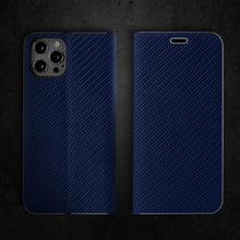 Afbeelding in Gallery-weergave laden, Moozy Wallet Case for iPhone 13 Pro, Dark Blue Carbon – Flip Case with Metallic Border Design Magnetic Closure Flip Cover with Card Holder
