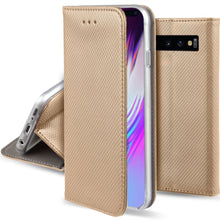 Cargar imagen en el visor de la galería, Moozy Case Flip Cover for Samsung S10, Gold - Smart Magnetic Flip Case with Card Holder and Stand
