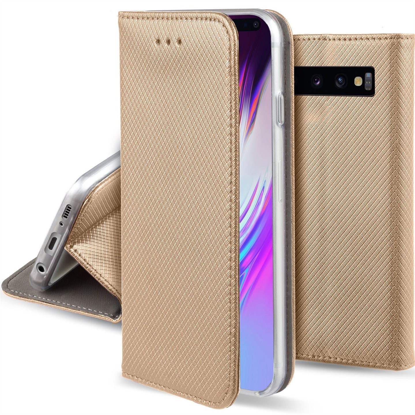 Moozy Case Flip Cover for Samsung S10, Gold - Smart Magnetic Flip Case with Card Holder and Stand