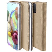 Lade das Bild in den Galerie-Viewer, Moozy Case Flip Cover for Samsung A71, Gold - Smart Magnetic Flip Case with Card Holder and Stand

