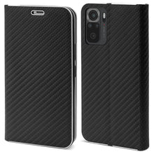 Afbeelding in Gallery-weergave laden, Moozy Wallet Case for Xiaomi Redmi Note 10 / Note 10S, Black Carbon - Flip Case with Metallic Border Design Magnetic Closure Flip Cover with Card Holder and Kickstand Function
