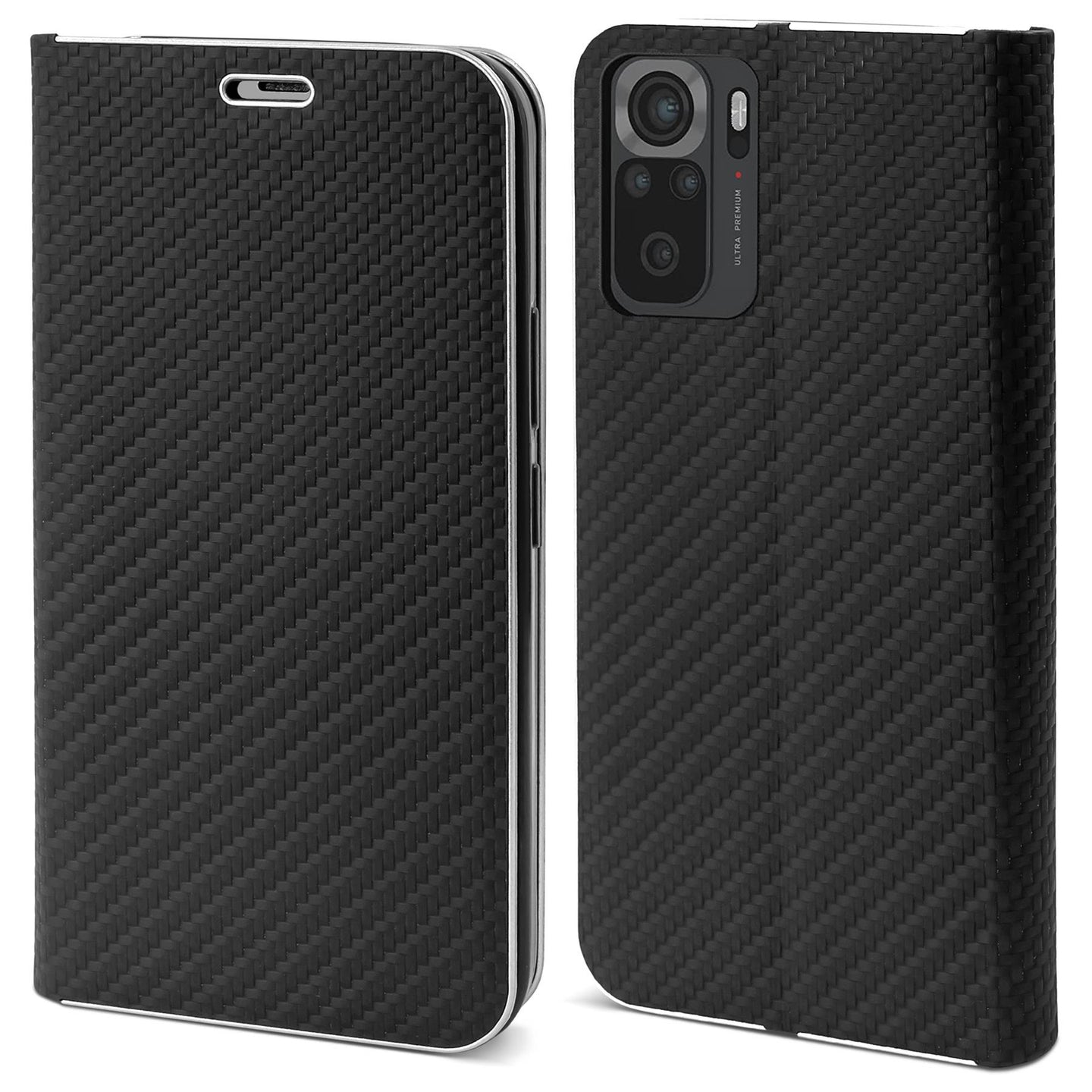 Moozy Wallet Case for Xiaomi Redmi Note 10 / Note 10S, Black Carbon - Flip Case with Metallic Border Design Magnetic Closure Flip Cover with Card Holder and Kickstand Function