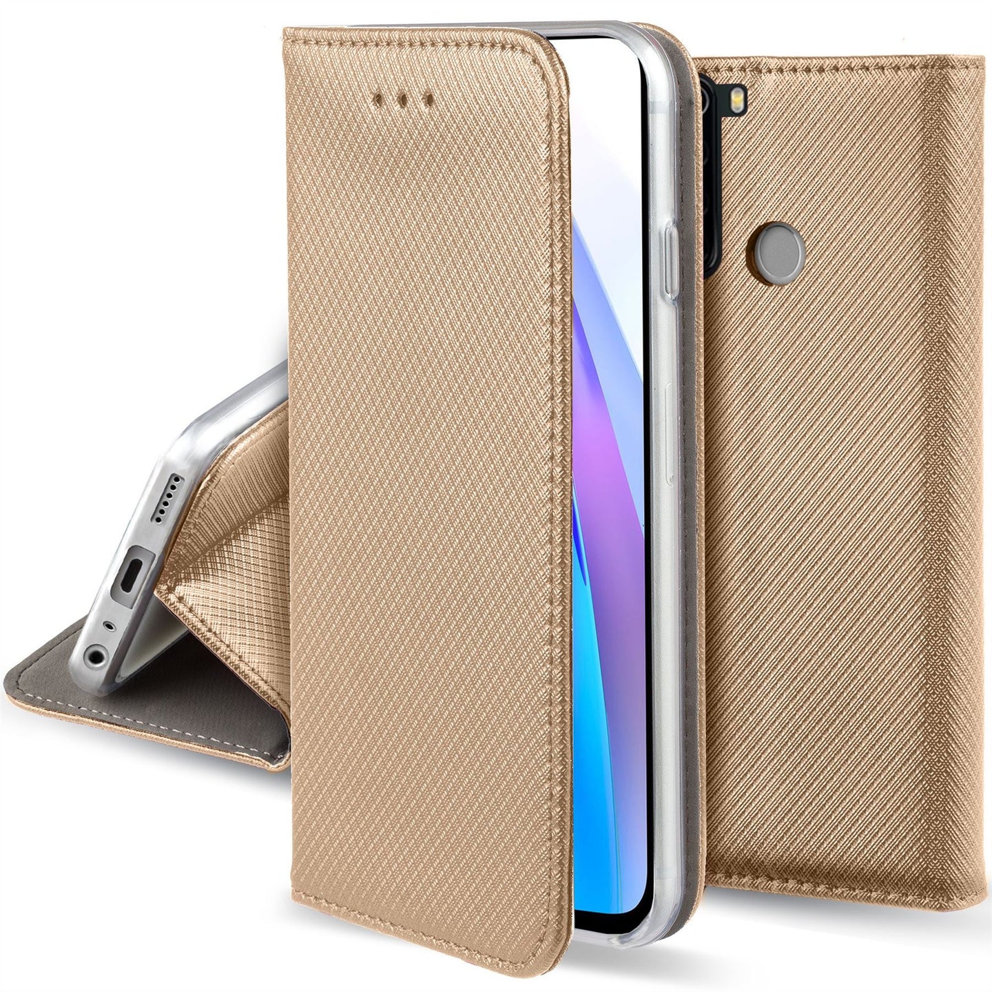 Moozy Case Flip Cover for Xiaomi Redmi Note 8T, Gold - Smart Magnetic Flip Case with Card Holder and Stand