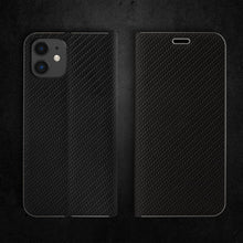 Afbeelding in Gallery-weergave laden, Moozy Wallet Case for iPhone 12, iPhone 12 Pro, Black Carbon – Metallic Edge Protection Magnetic Closure Flip Cover with Card Holder
