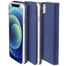 Lade das Bild in den Galerie-Viewer, Moozy Case Flip Cover for iPhone 12 mini, Dark Blue - Smart Magnetic Flip Case with Card Holder and Stand
