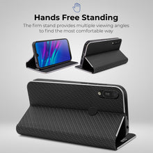 Lade das Bild in den Galerie-Viewer, Moozy Wallet Case for Huawei Y6 2019, Black Carbon – Metallic Edge Protection Magnetic Closure Flip Cover with Card Holder
