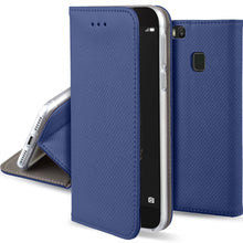 Cargar imagen en el visor de la galería, Moozy Case Flip Cover for Huawei P9 Lite, Dark Blue - Smart Magnetic Flip Case with Card Holder and Stand
