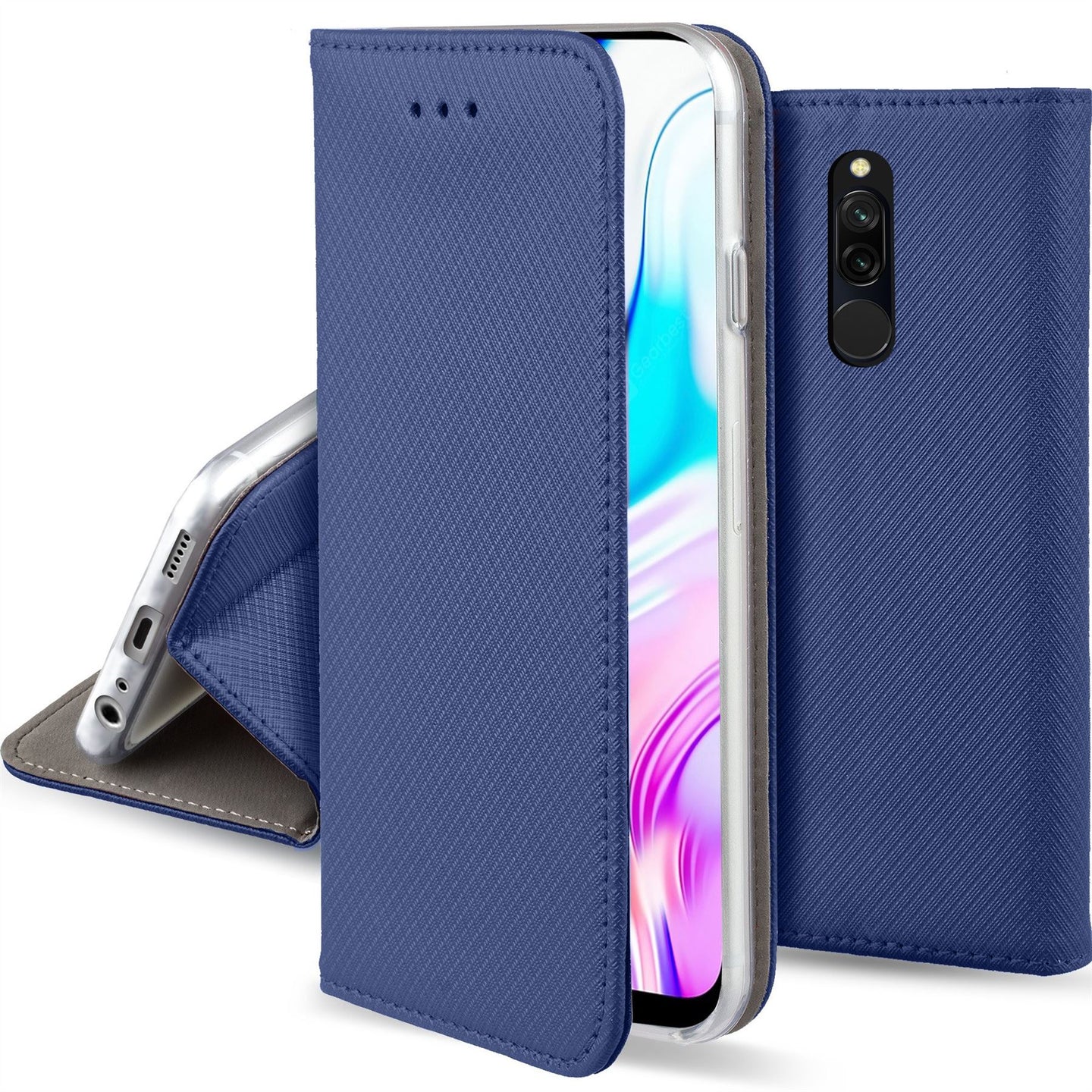 Moozy Case Flip Cover for Xiaomi Redmi 8, Dark Blue - Smart Magnetic Flip Case with Card Holder and Stand