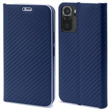 Afbeelding in Gallery-weergave laden, Moozy Wallet Case for Xiaomi Redmi Note 10 / Note 10S, Dark Blue Carbon - Flip Case with Metallic Border Design Magnetic Closure Flip Cover with Card Holder and Kickstand Function
