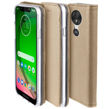 Załaduj obraz do przeglądarki galerii, Moozy Case Flip Cover for Motorola Moto G7 Play, Gold - Smart Magnetic Flip Case with Card Holder and Stand
