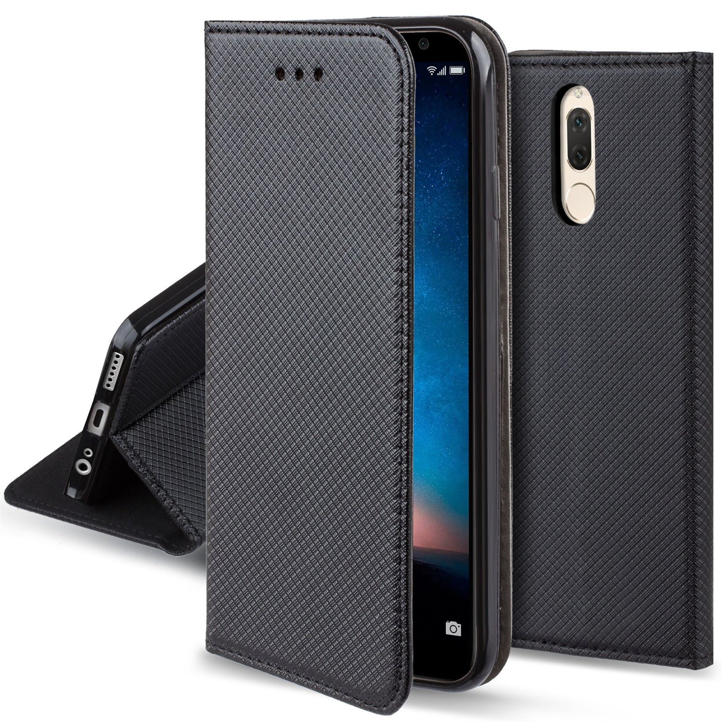 Moozy Case Flip Cover for Huawei Mate 10 Lite, Black - Smart Magnetic Flip Case with Card Holder and Stand