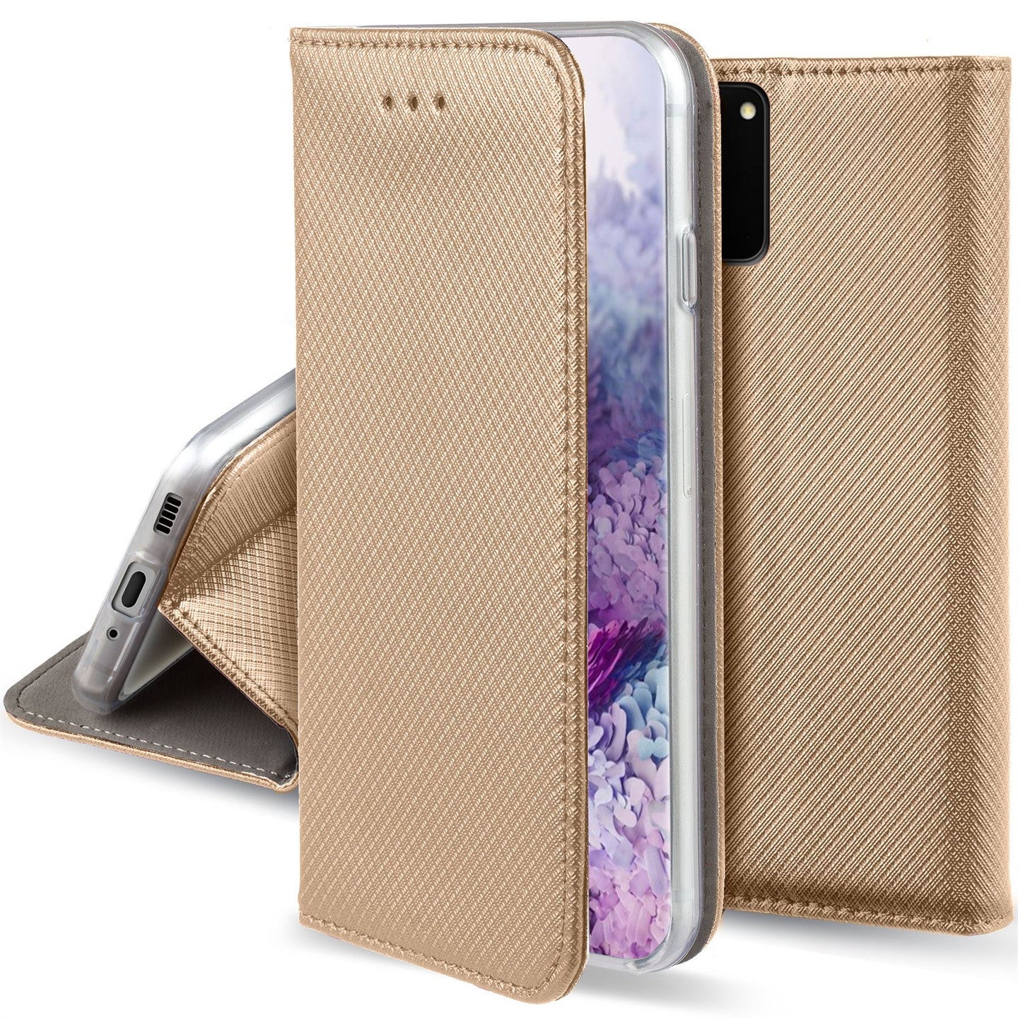 Moozy Case Flip Cover for Samsung S20 Plus, Gold - Smart Magnetic Flip Case with Card Holder and Stand
