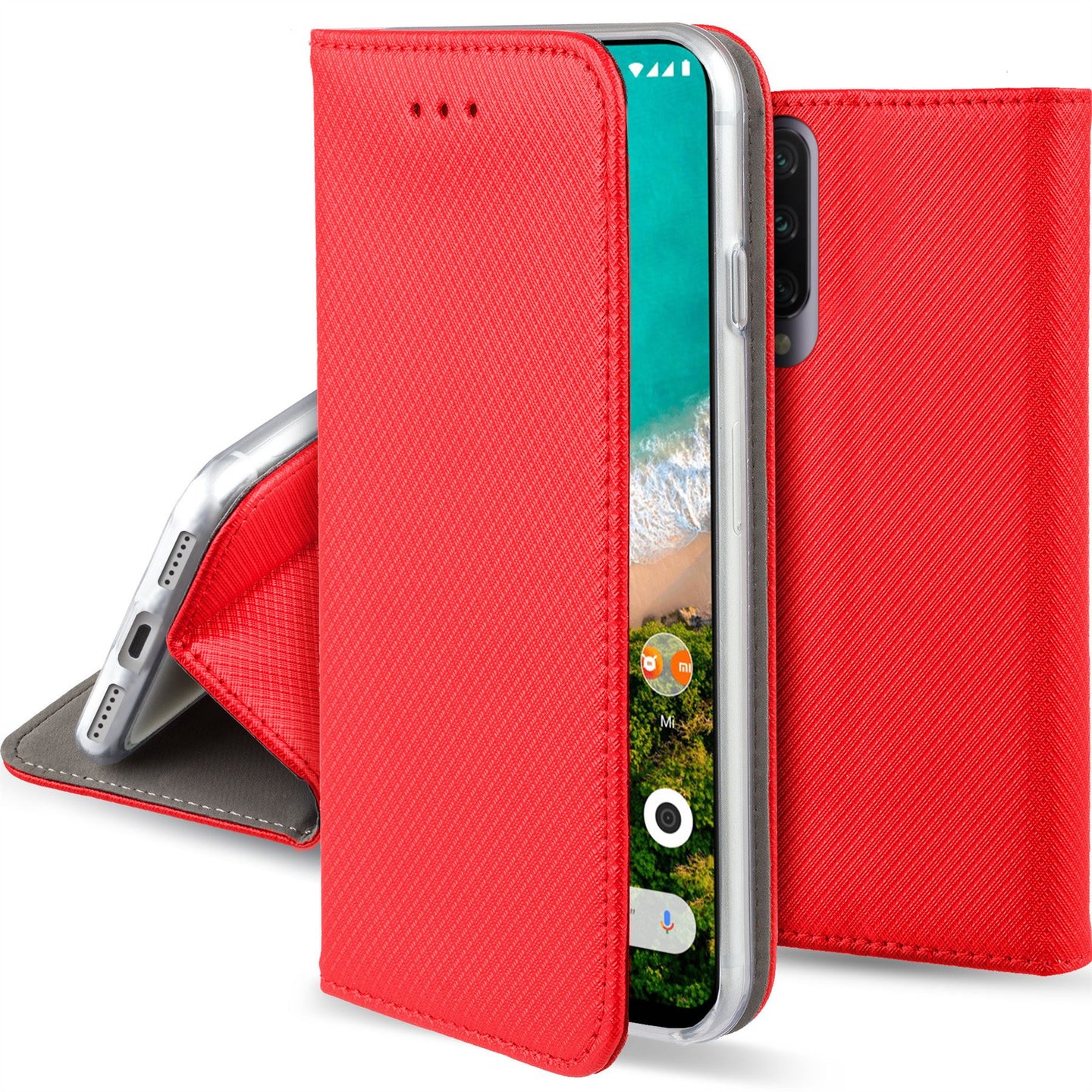 Moozy Case Flip Cover for Xiaomi Mi A3, Red - Smart Magnetic Flip Case with Card Holder and Stand