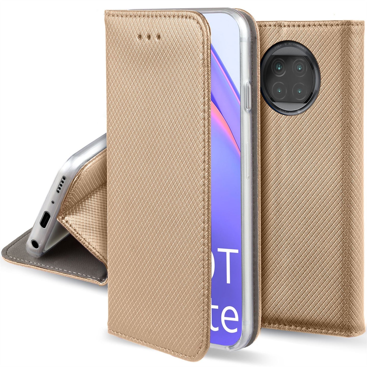 Moozy Case Flip Cover for Xiaomi Mi 10T Lite 5G, Gold - Smart Magnetic Flip Case with Card Holder and Stand