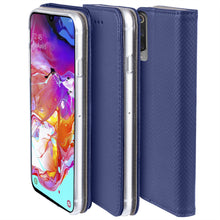 Załaduj obraz do przeglądarki galerii, Moozy Case Flip Cover for Samsung A70, Dark Blue - Smart Magnetic Flip Case with Card Holder and Stand
