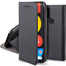 Carica l&#39;immagine nel visualizzatore di Gallery, Moozy Case Flip Cover for Google Pixel 5, Black - Smart Magnetic Flip Case with Card Holder and Stand
