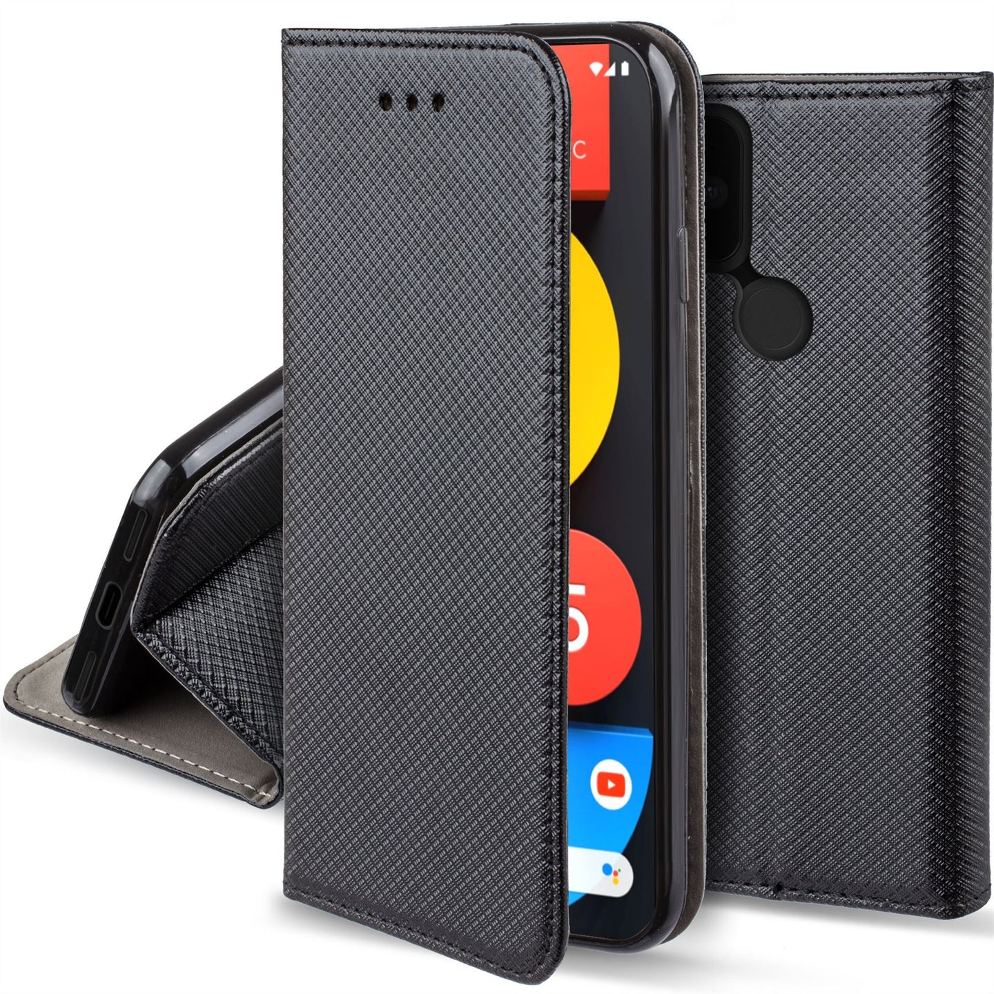 Moozy Case Flip Cover for Google Pixel 5, Black - Smart Magnetic Flip Case with Card Holder and Stand