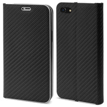 Afbeelding in Gallery-weergave laden, Moozy Wallet Case for iPhone SE 2020, iPhone 7, iPhone 8, Black Carbon – Metallic Edge Protection Magnetic Closure Flip Cover with Card Holder
