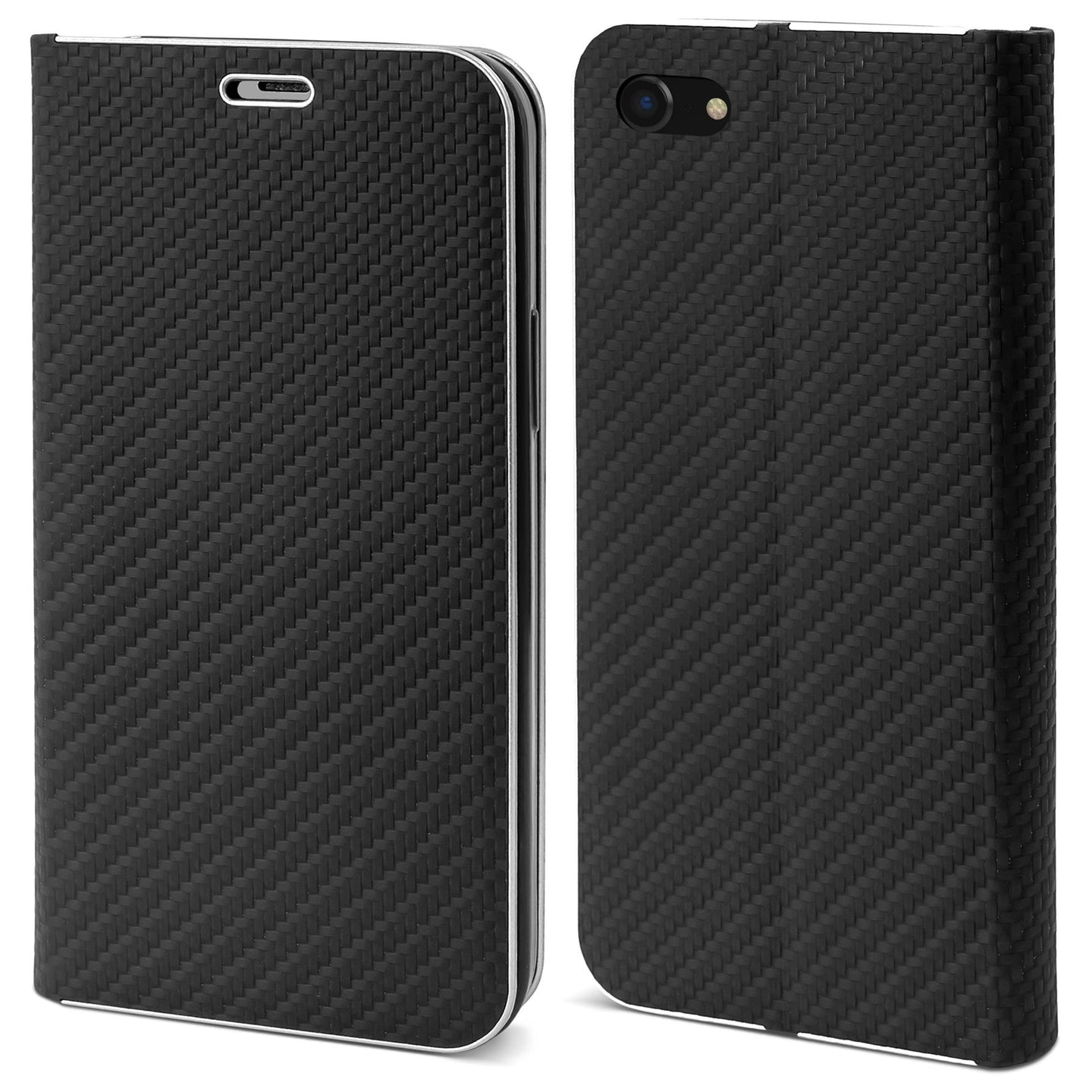 Moozy Wallet Case for iPhone SE 2020, iPhone 7, iPhone 8, Black Carbon – Metallic Edge Protection Magnetic Closure Flip Cover with Card Holder