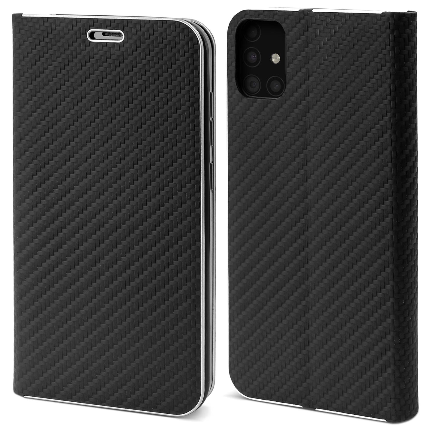 Moozy Wallet Case für Samsung A51, Black Carbon – Metallischer Kantenschutz Magnetverschluss Flip Cover mit Kartenhalter