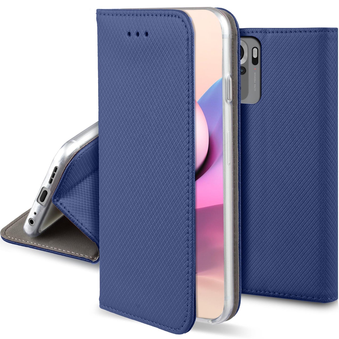 Moozy Case Flip Cover for Xiaomi Redmi Note 10 and Redmi Note 10S, Dark Blue - Smart Magnetic Flip Case Flip Folio Wallet Case