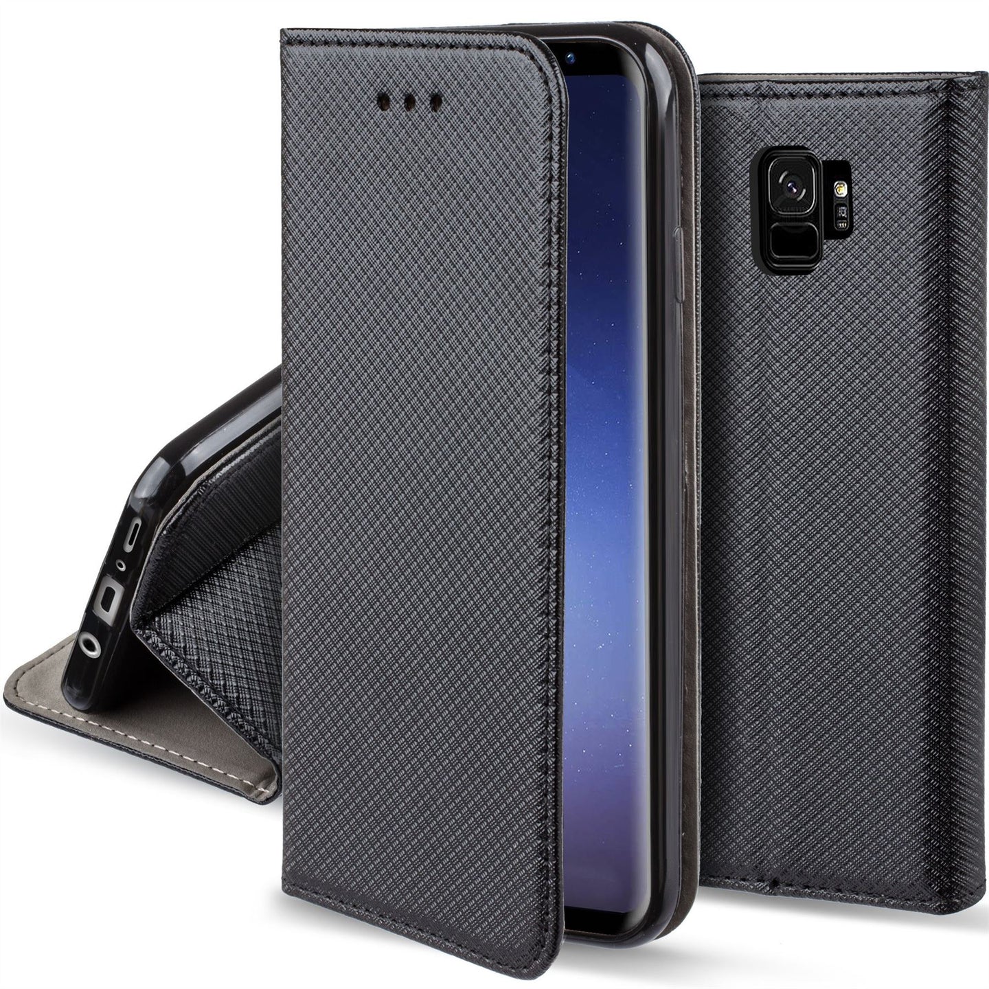 Moozy Case Flip Cover for Samsung S9, Black - Smart Magnetic Flip Case with Card Holder and Stand