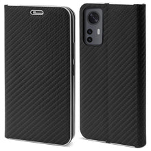 Carica l&#39;immagine nel visualizzatore di Gallery, Moozy Wallet Case for Xiaomi 12 and Xiaomi 12X, Black Carbon - Flip Case with Metallic Border Design Magnetic Closure Flip Cover with Card Holder and Kickstand Function

