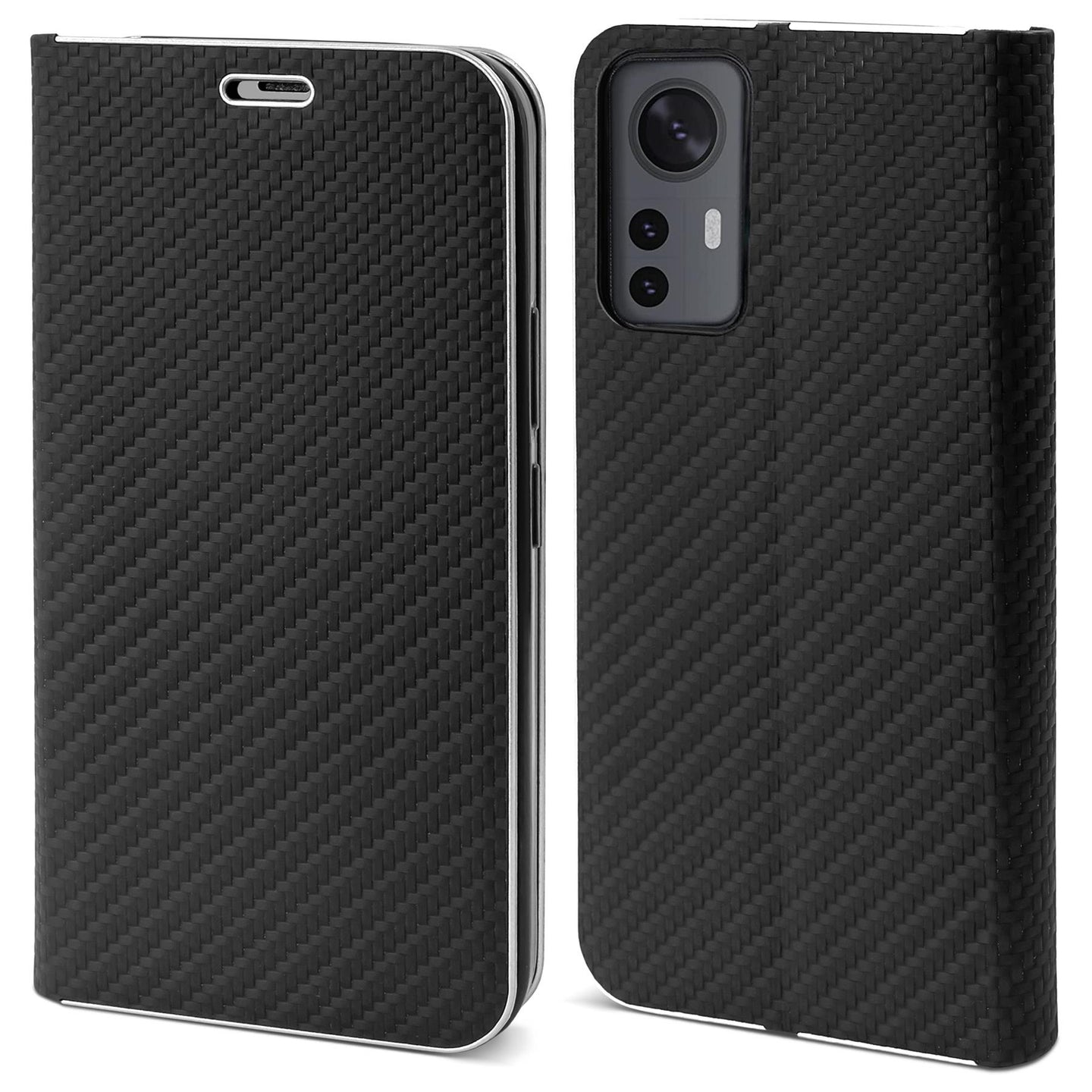 Moozy Wallet Case for Xiaomi 12 and Xiaomi 12X, Black Carbon - Flip Case with Metallic Border Design Magnetic Closure Flip Cover with Card Holder and Kickstand Function