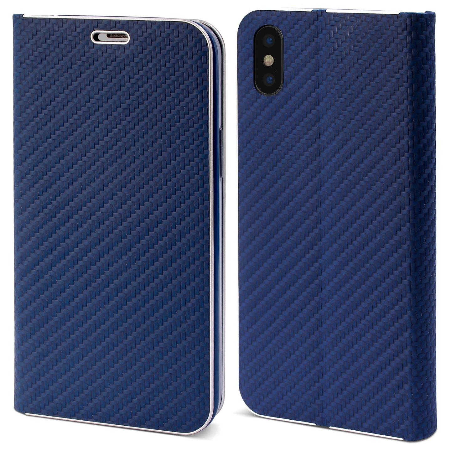 Moozy Wallet Case für iPhone X, iPhone XS, Dark Blue Carbon – Metallischer Kantenschutz Magnetverschluss Flip Cover mit Kartenhalter