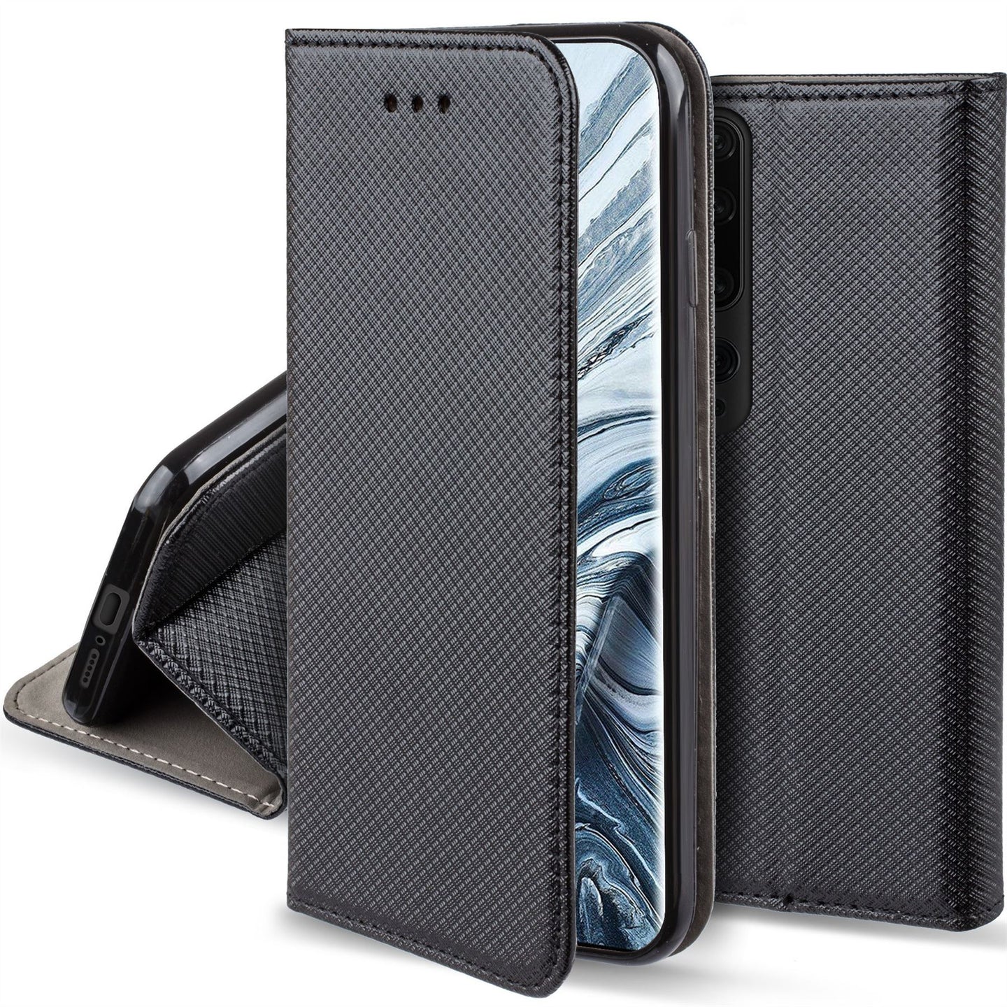 Moozy Case Flip Cover for Xiaomi Mi 10 and Xiaomi Mi 10 Pro, Black - Smart Magnetic Flip Case with Card Holder and Stand