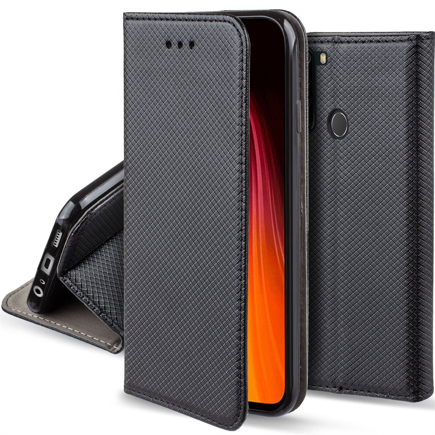 Moozy Case Flip Cover for Xiaomi Redmi Note 8, Black - Smart Magnetic Flip Case with Card Holder and Stand