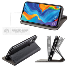 Lade das Bild in den Galerie-Viewer, Moozy Case Flip Cover for Huawei P30 Lite, Black - Smart Magnetic Flip Case with Card Holder and Stand
