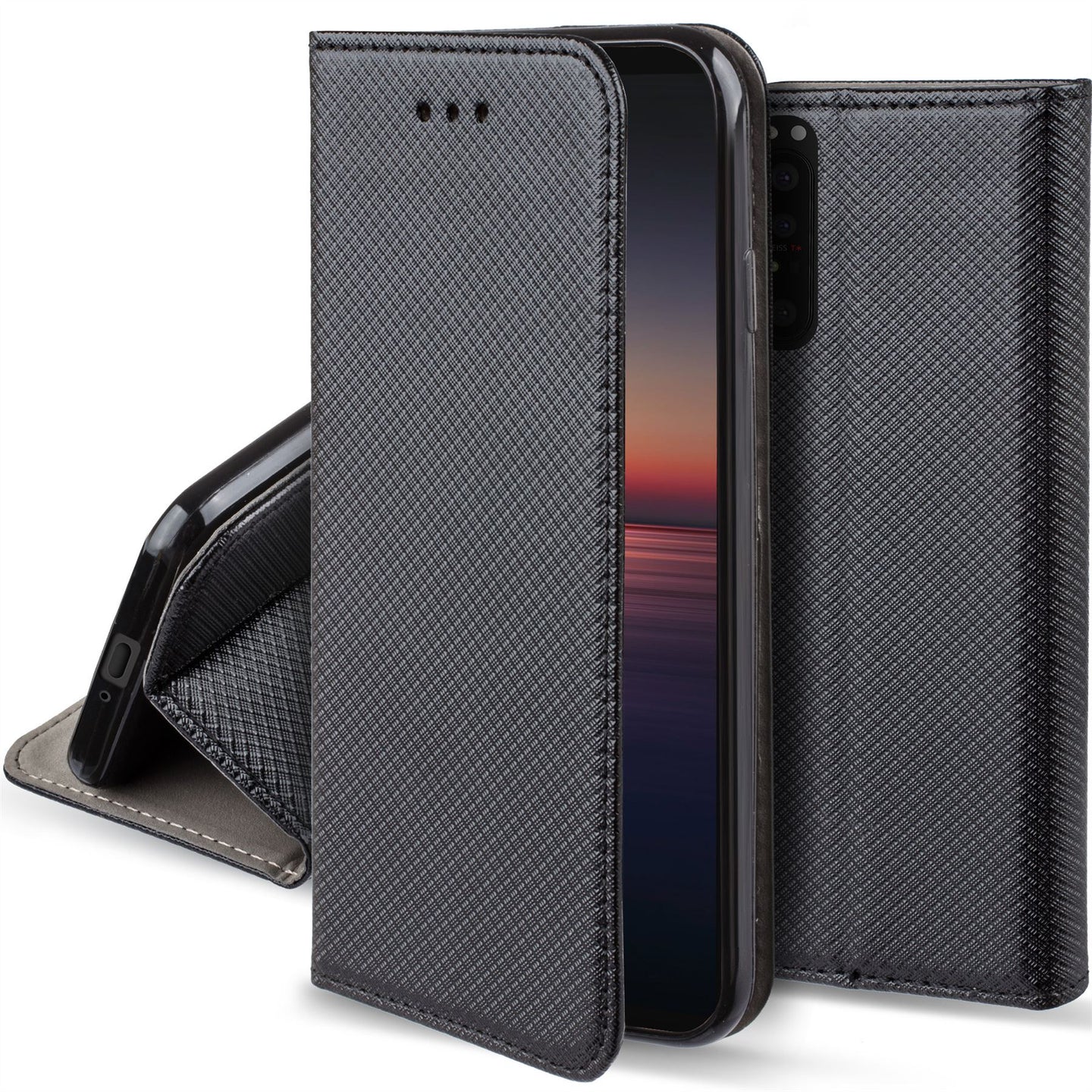 Moozy Case Flip Cover for Sony Xperia 1 II, Black - Smart Magnetic Flip Case with Card Holder and Stand