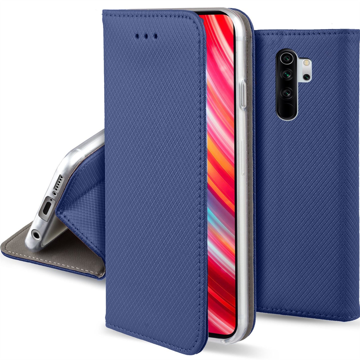 Moozy Case Flip Cover for Xiaomi Redmi Note 8 Pro, Dark Blue - Smart Magnetic Flip Case with Card Holder and Stand